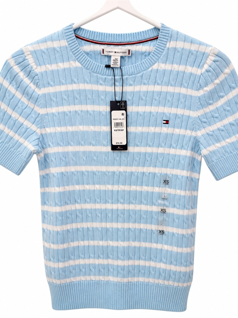 Tommy Hilfiger Light Blue & White Striped Short-Sleeve Cable Knit Sweater